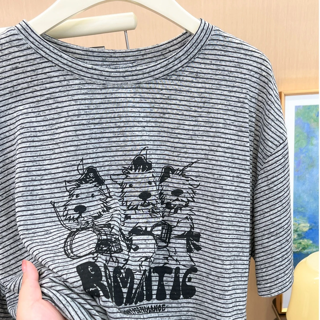 撞色条纹小狗印花短袖T恤女夏新款小众慵懒风宽松显瘦韩系ins上衣