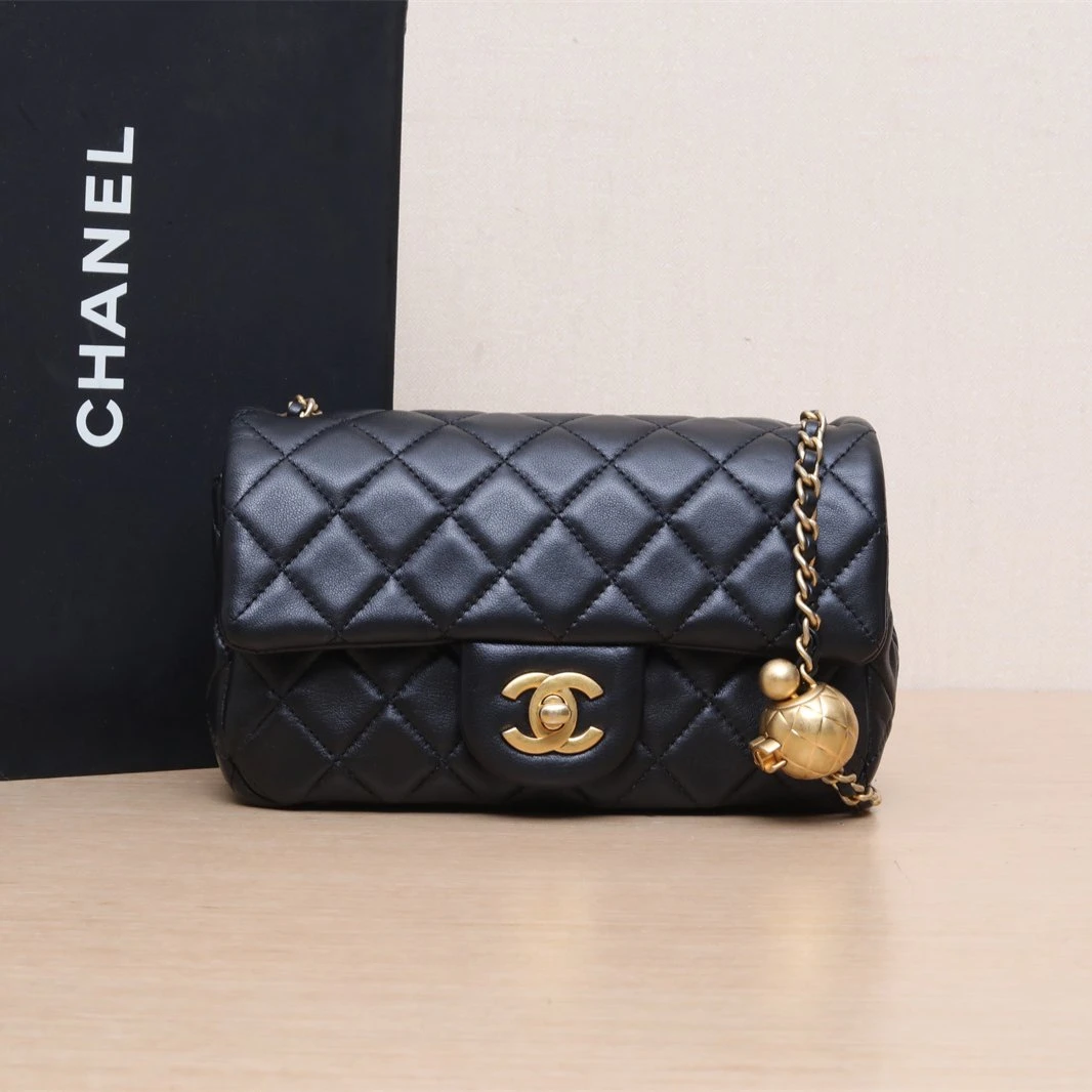 99新 Chanel/香奈儿 【黑黑】CF 口盖包 大Mini 黑色 金扣