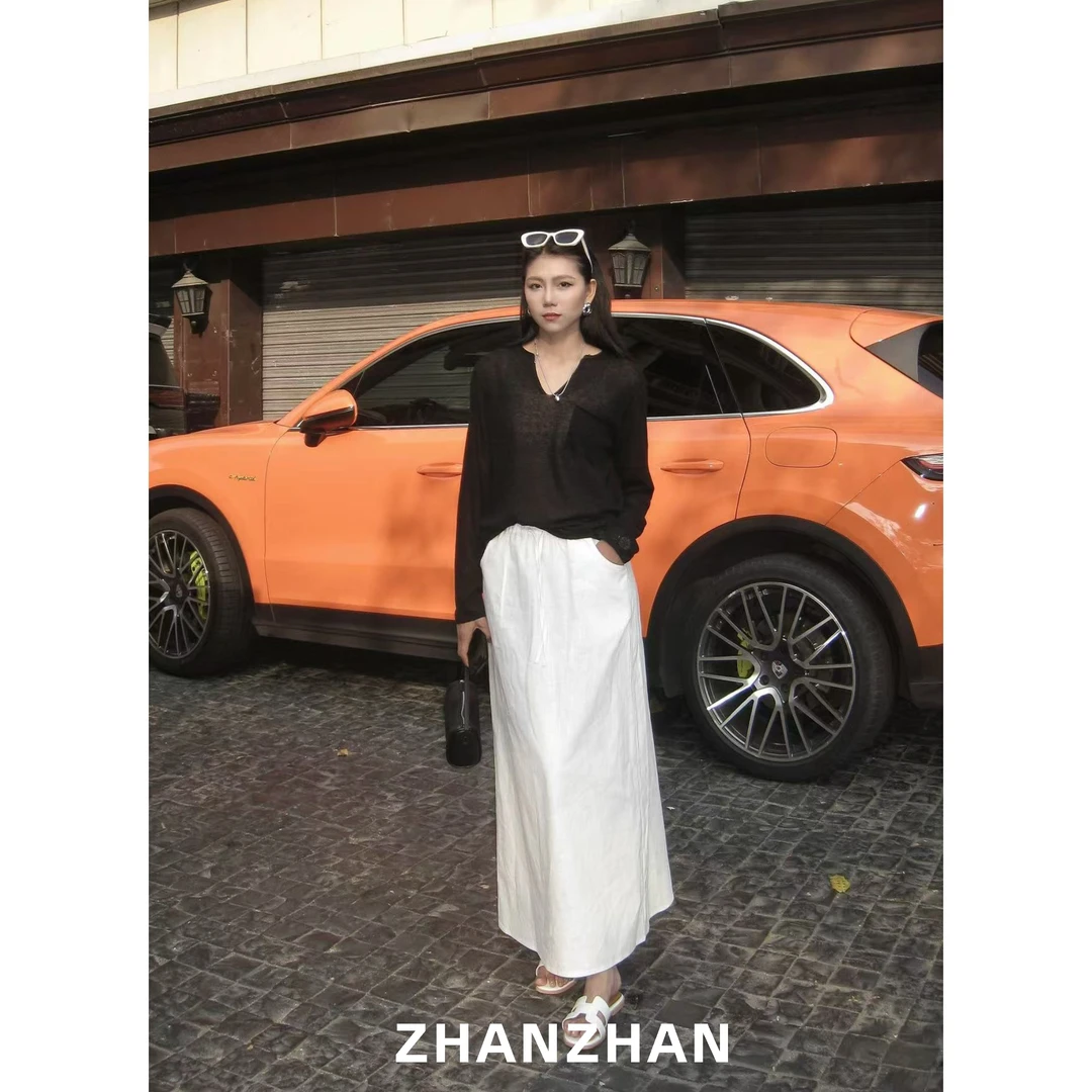 ZHANZHAN【午后花园】束带系绳开叉亚麻半身裙ZZQP2730-1
