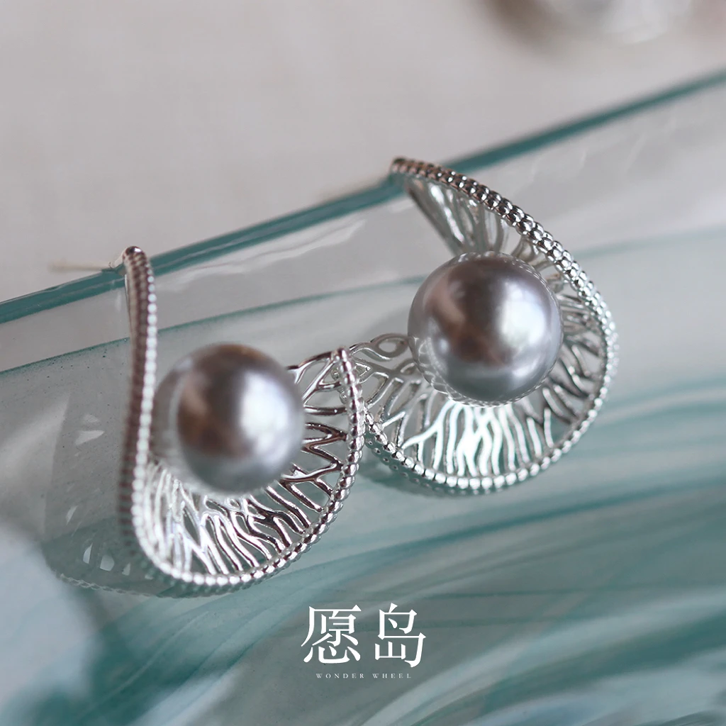 愿岛 黄铜仿珍珠耳饰 法式气质小众编织金属灰色仿珍珠耳钉EH2604