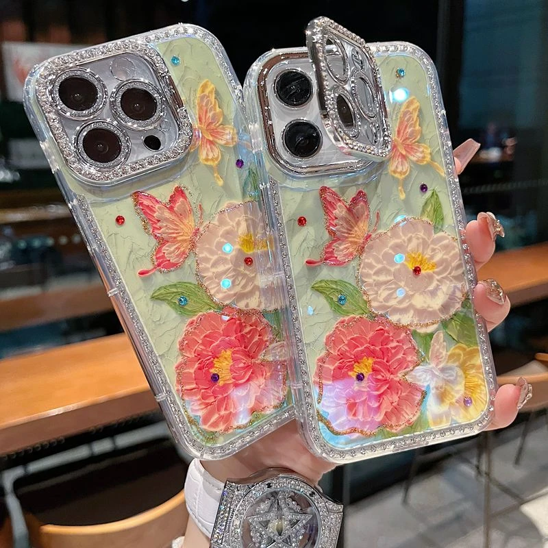 适用苹果系列iPhone16新款手机壳优雅棠花蝴蝶全包镜头膜钻框支架