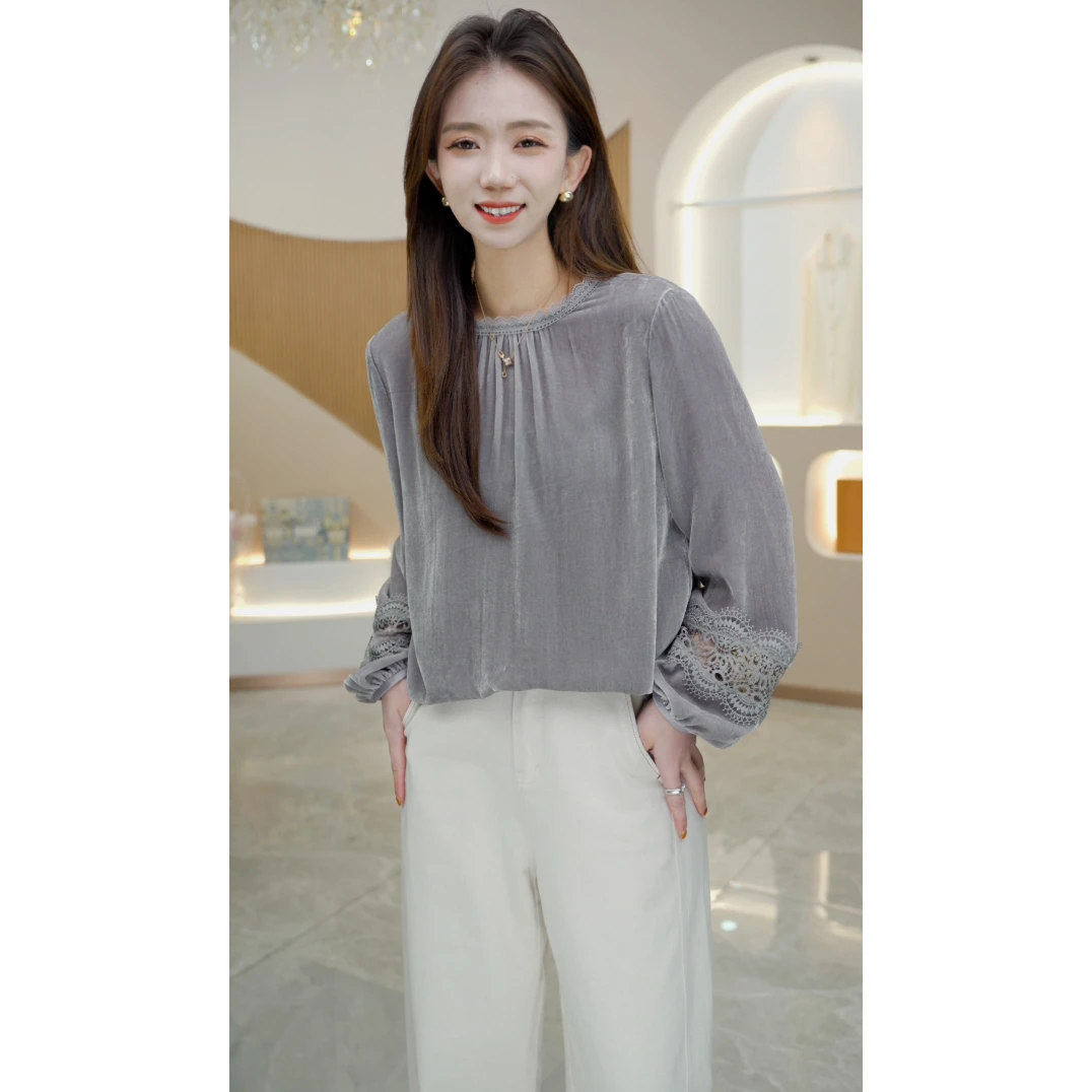 R H 真丝丝绒！新款洋气时尚显瘦新中式镂空袖衬衫H921408