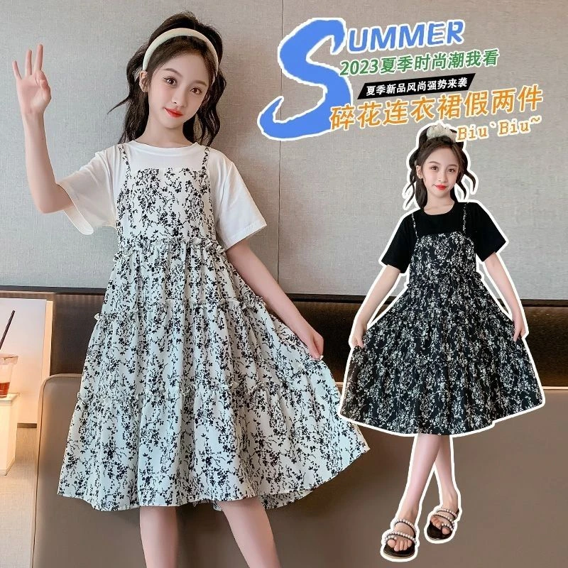 【假两件设计】女童夏季连衣裙新款假两件拼接碎花儿童圆领洋气中大