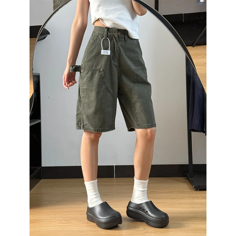 军绿色水洗做旧多口袋五分牛仔裤女夏季新款休闲复古百搭工装短裤