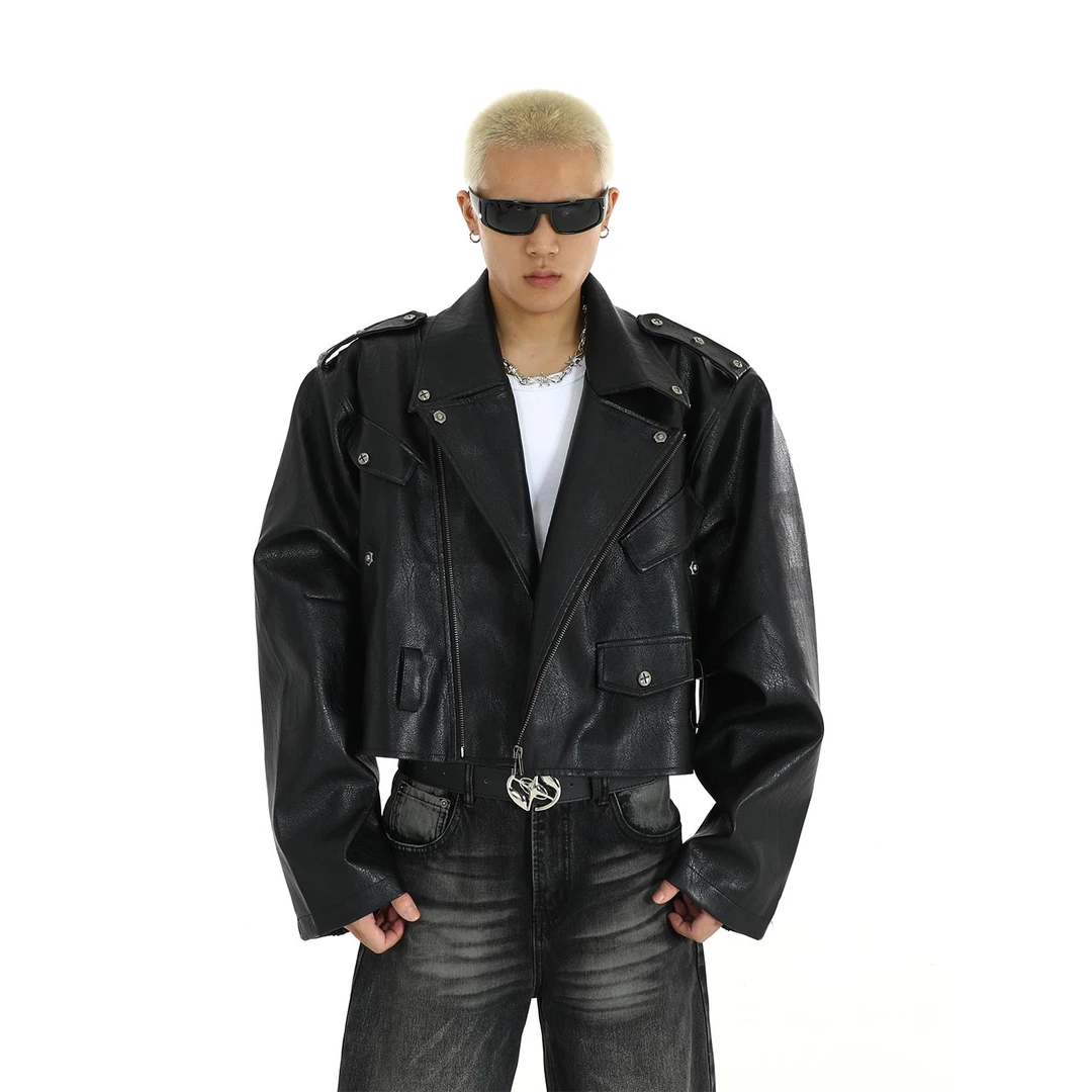 美式复古廓形机车夹克男冬季拉链铆钉休闲上衣休闲高级感皮衣外套