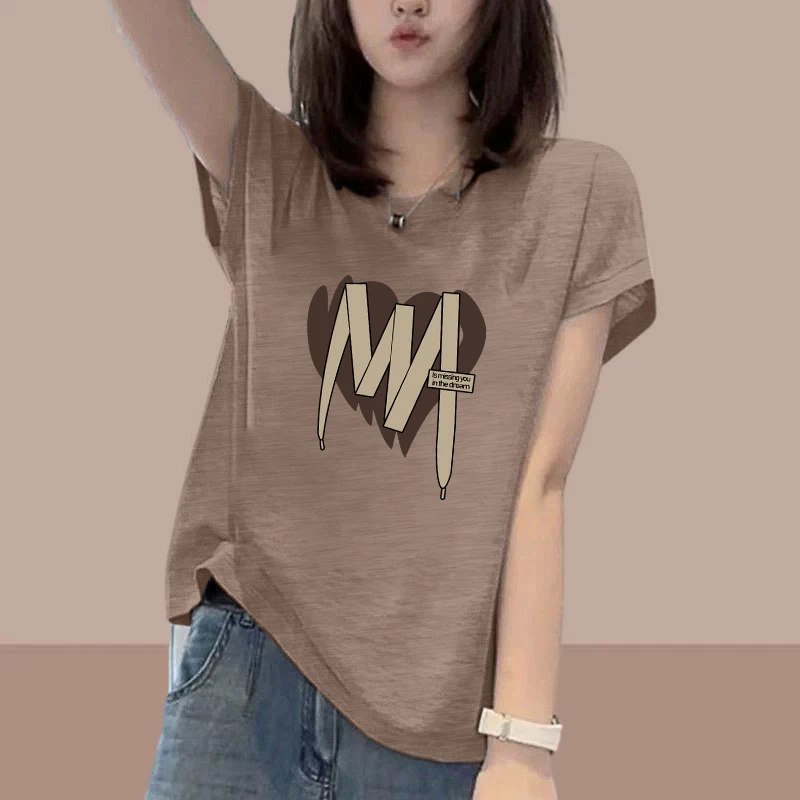 夏季女装竹节棉宽松纯棉印花短袖T恤女2025圆领大码显瘦时尚上衣