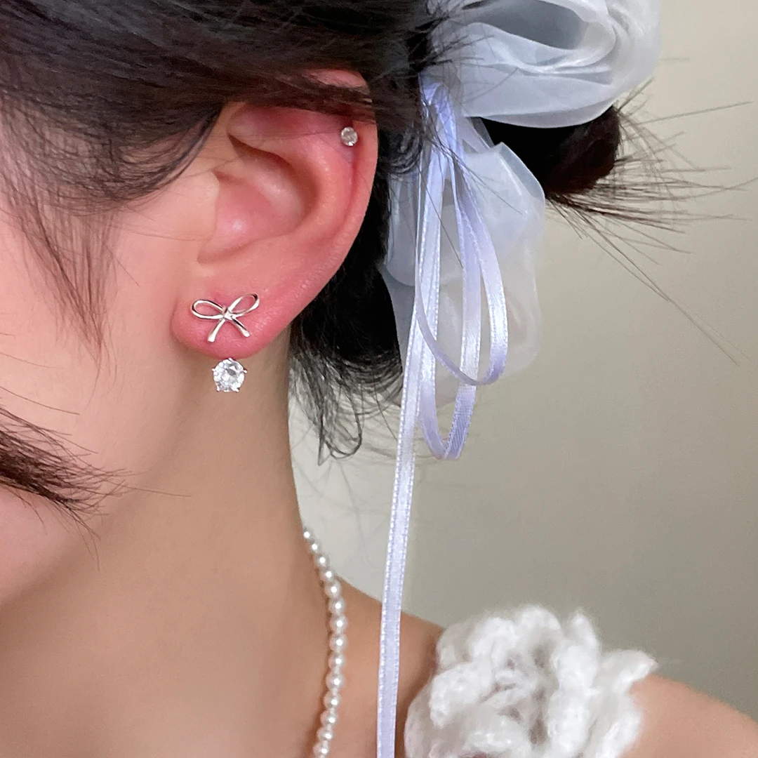 ERBAN/耳伴 925银耳饰 后挂式蝴蝶结锆石耳钉女耳环2025新款爆款
