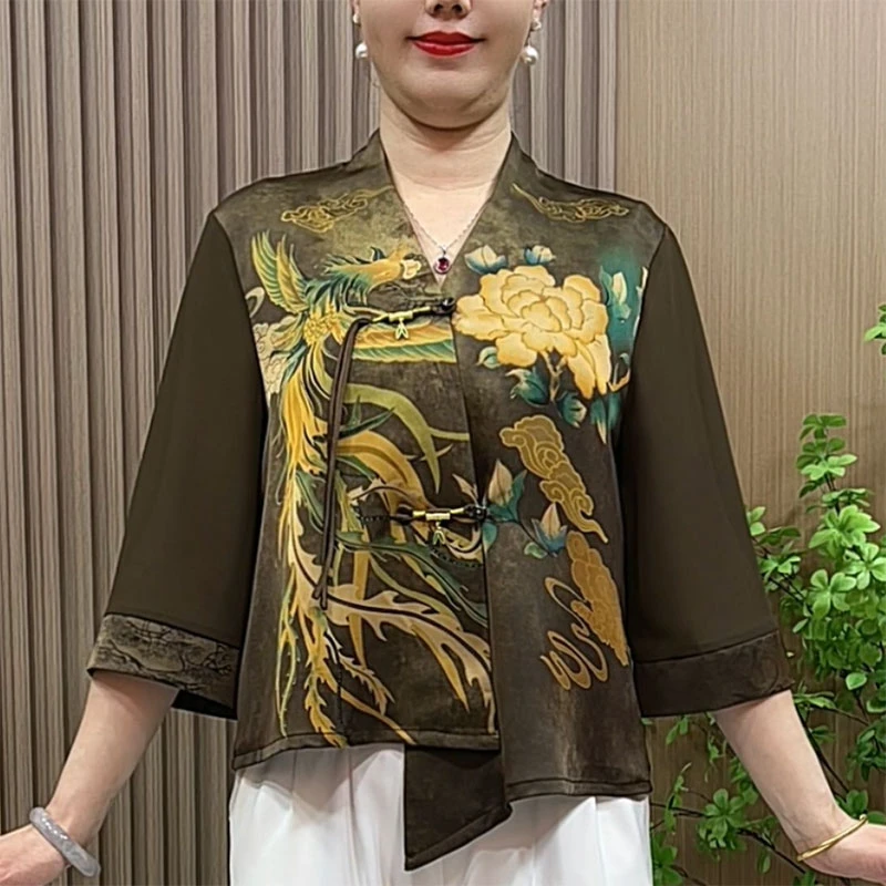 新中式国风开衫外披女2025新款中老年女装妈妈装斜襟V领小衫上衣