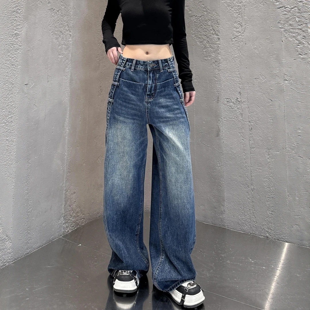早秋胖mm大码女装蓝色阔腿牛仔裤女2025新款宽松bf慵懒风直筒裤子