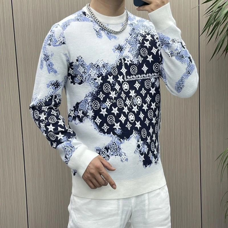2025秋冬新款个性提花潮流帅气圆领毛衣ins网红时尚长袖针织衫男