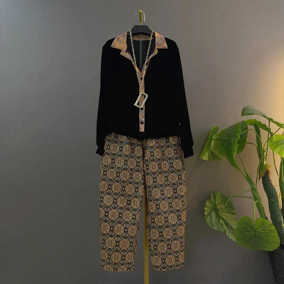 复古印花秋季丝绒上衣高腰小碎花阔腿裤两件套