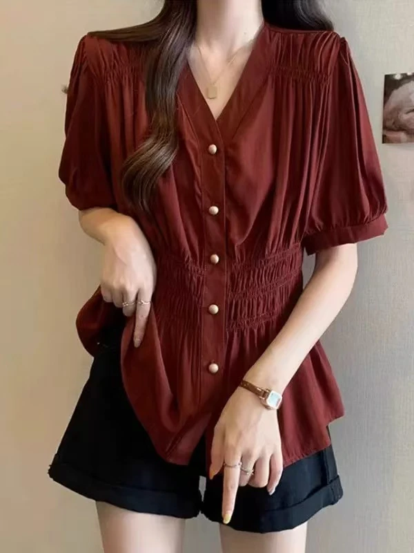 恒鑫安法式V领褶皱收腰排扣小衫-2537