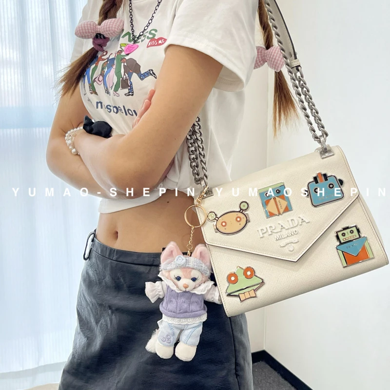 99新 Prada/普拉达 机器人徽章 牛皮 手提单肩斜挎包 白色