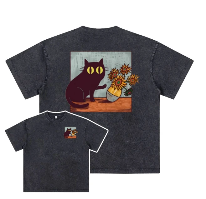 梵高的猫 趣味搞怪美式休闲T恤复古vintage男女宽松纯棉短袖潮牌