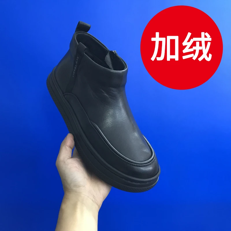 2025冬季新款休闲皮鞋男侧拉链加绒男棉鞋百搭舒适头层牛皮男鞋