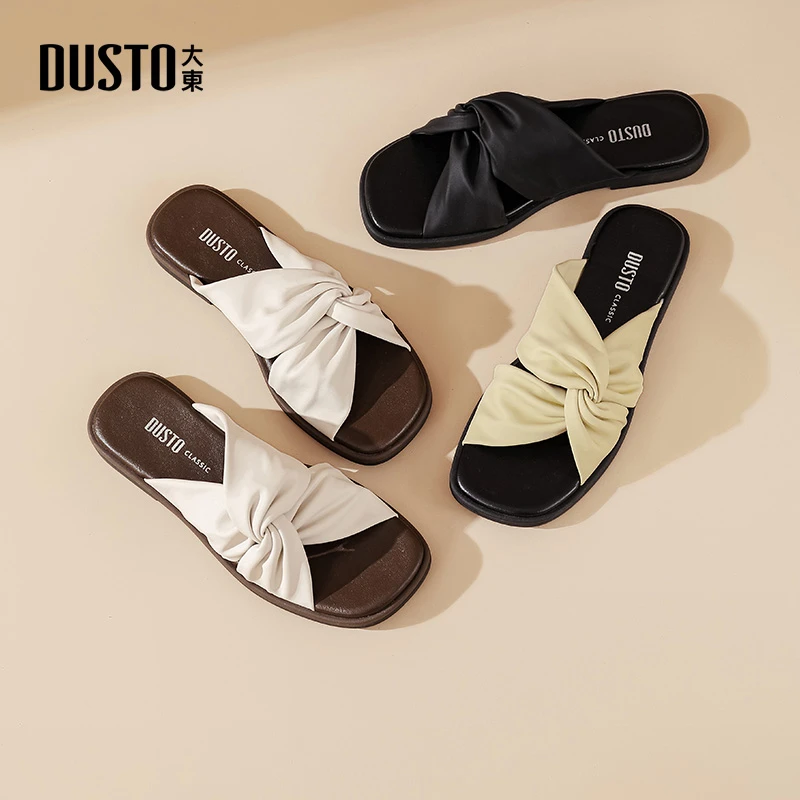 大东时尚方头拖鞋2025新款度假女凉拖外穿夏褶皱扭结百搭半拖0199