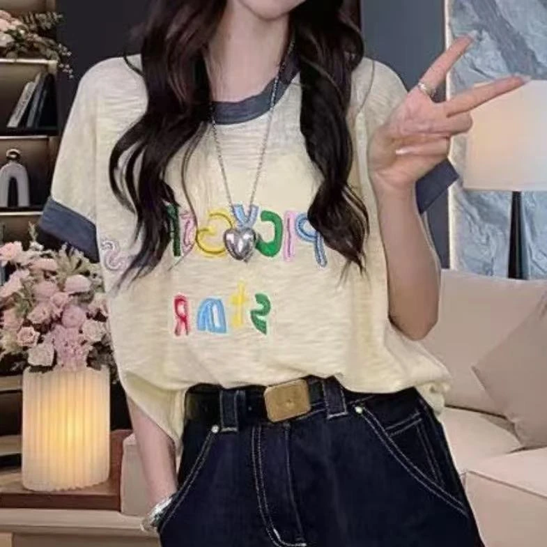 设计感刺绣撞色竹节麻针织短袖T恤女2025年夏季新款宽松时尚上衣