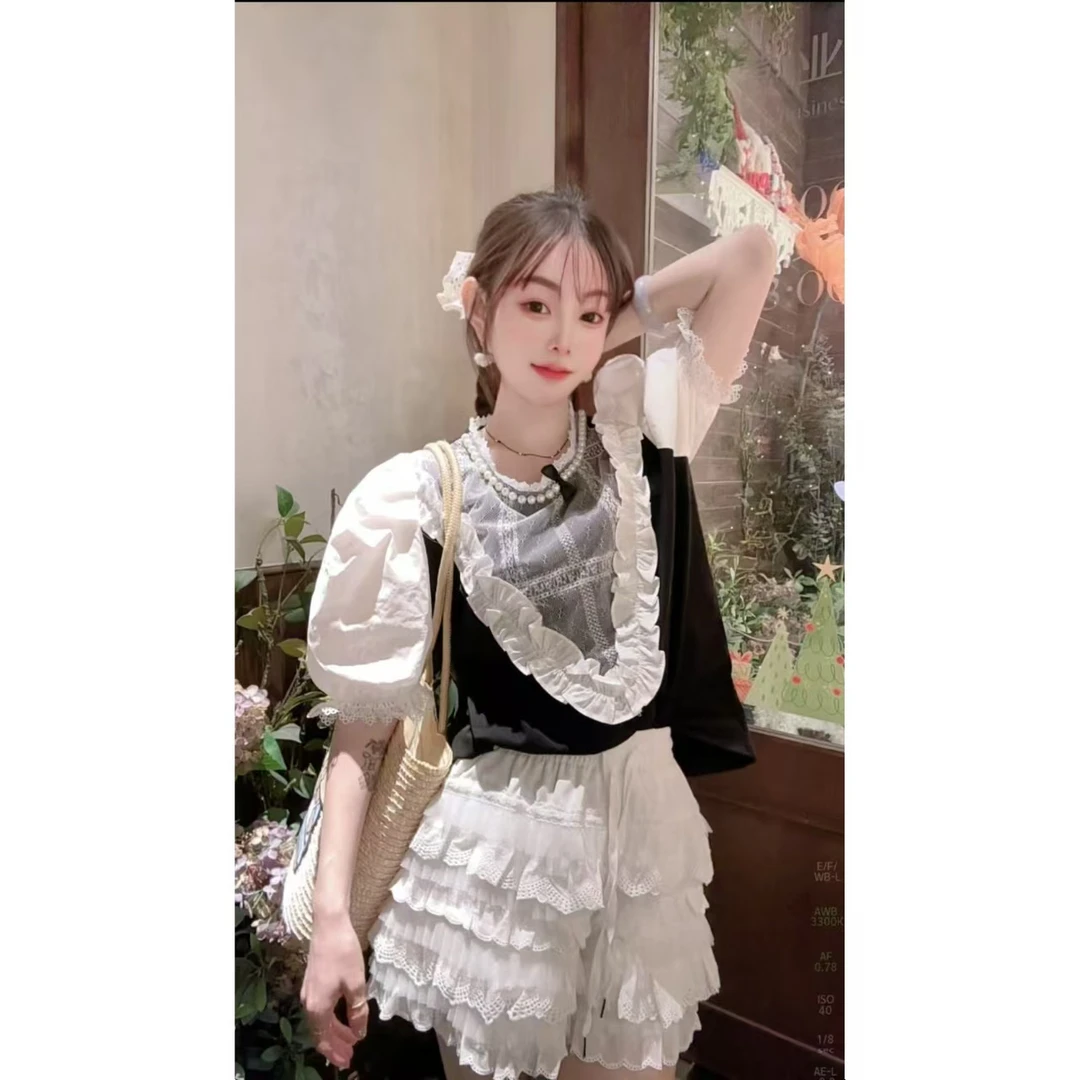 韩国INS时尚拼接蕾丝领子袖子T恤