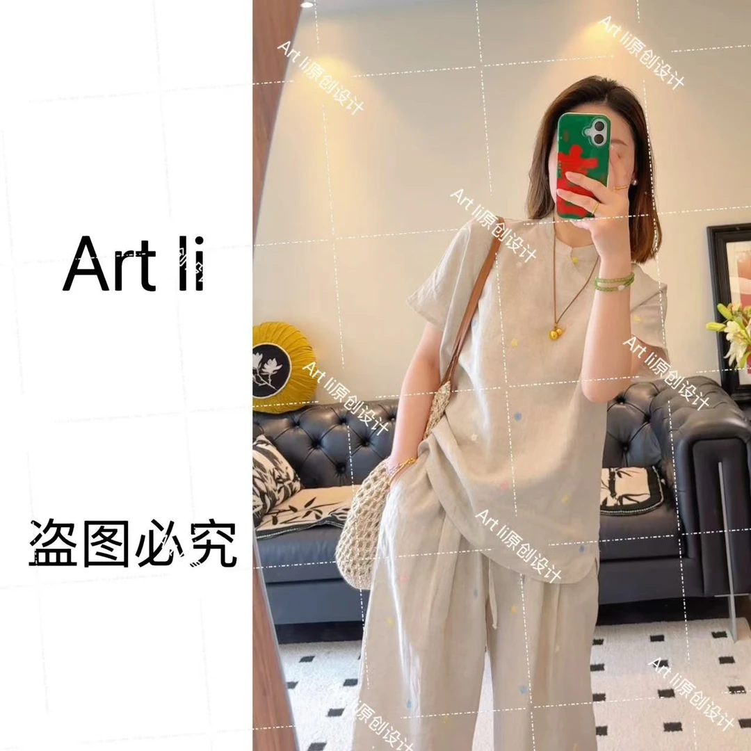 Art li新中式极简风时尚亚麻套装裤子阔腿裤时尚短袖轻奢夏季2560