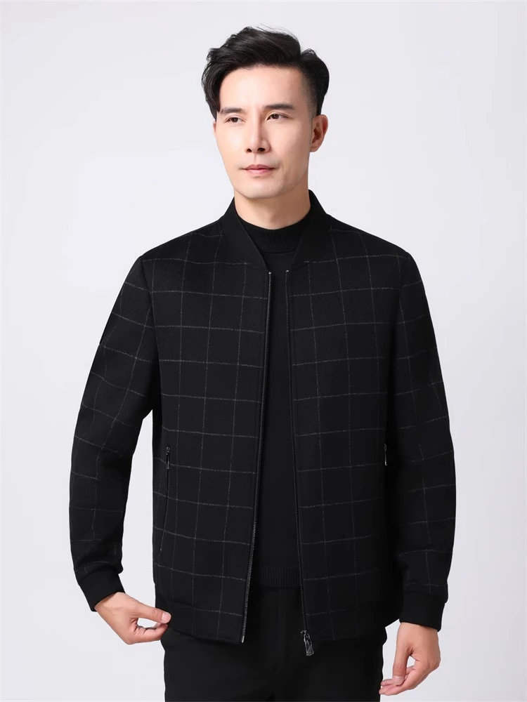 男士毛呢外套秋冬款夹克衫休闲时尚百搭青年棒球领格子外套