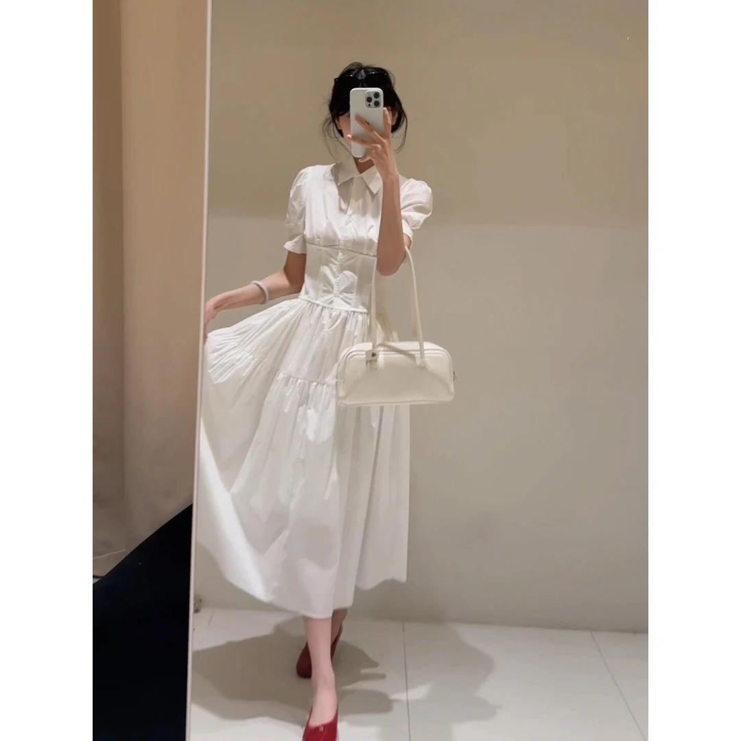 MARIE.COCO氛围感衬衣裙2025新款清新纯色长款过膝收腰短袖连衣裙