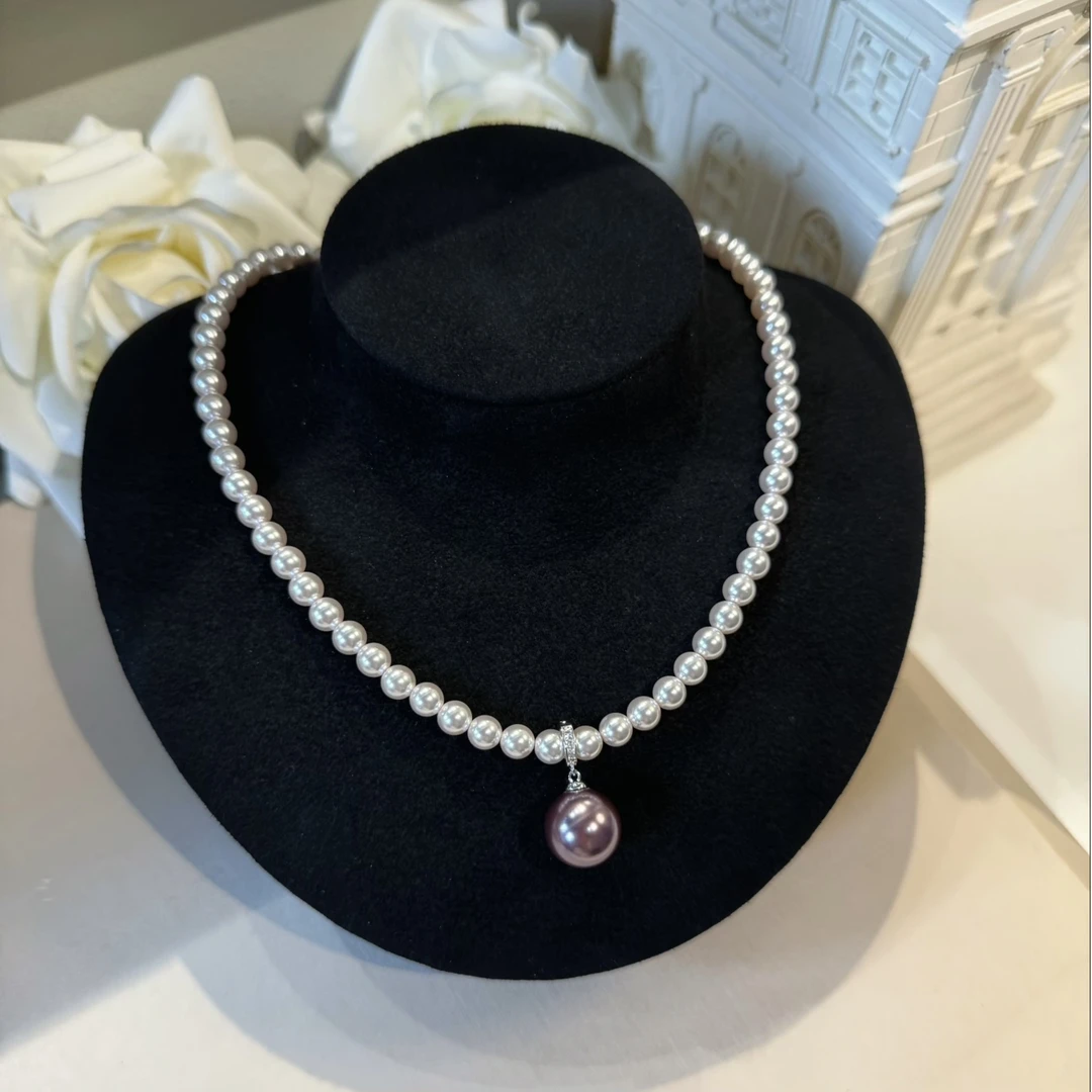 链子925银仿珍珠 杨杨babytime 法式轻奢星空紫强光5mm仿珍珠项链