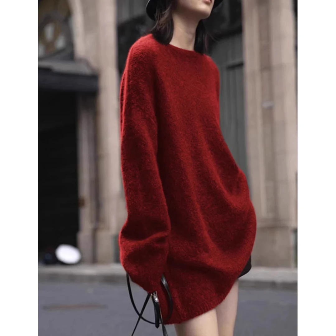 软糯慵懒红色中长款毛衣秋冬新款女装圆领套头针织衫宽松显瘦上衣