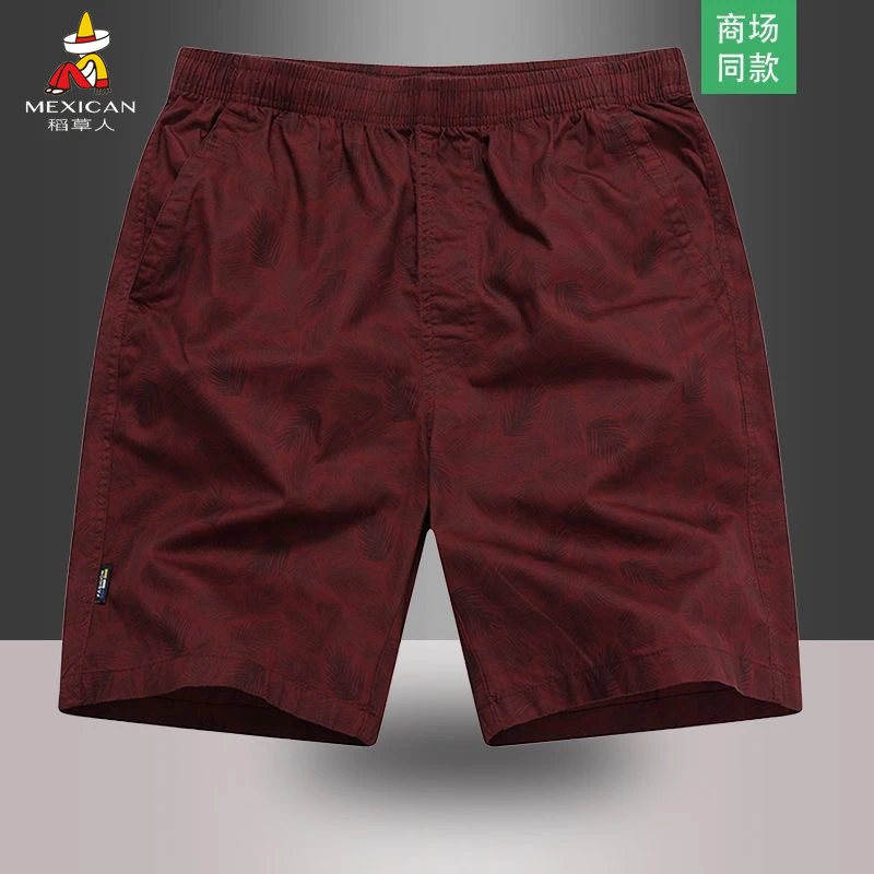 稻草人男士短裤外穿纯棉薄五分裤透气印花居家沙滩裤酒红色大裤衩