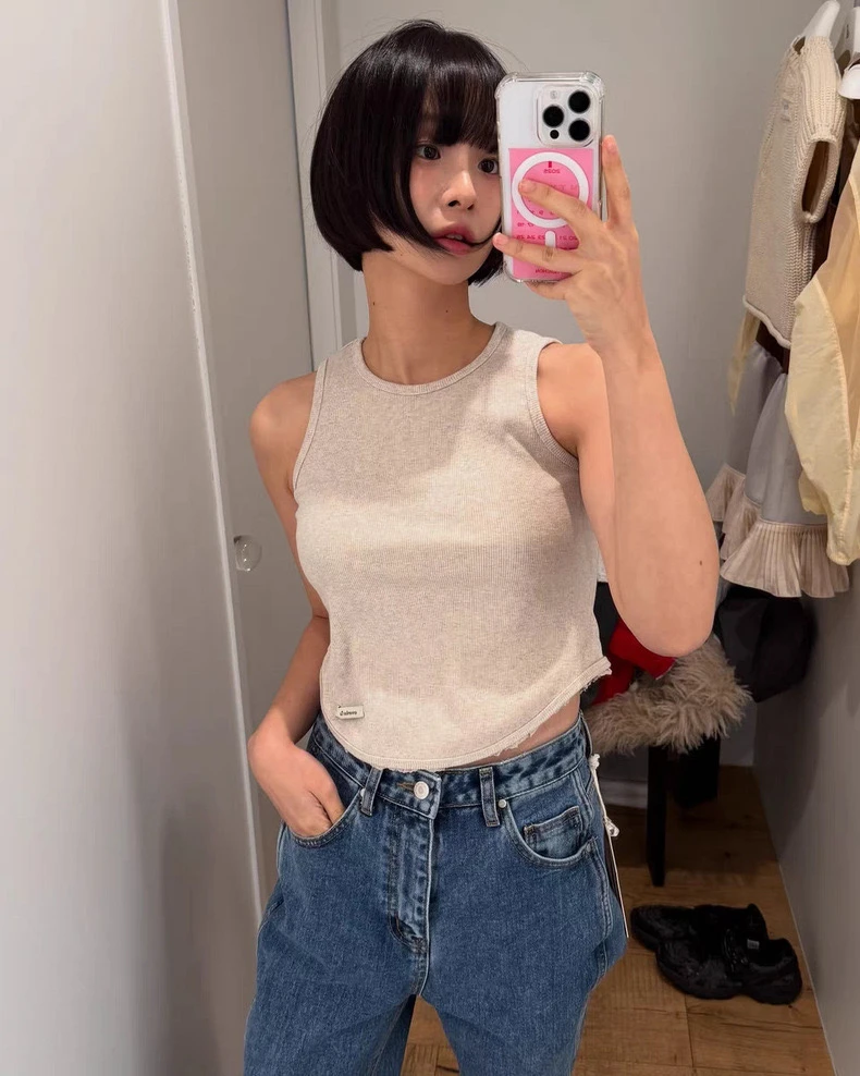 春季新款甜美短款蕾丝花边无袖圆领设计感背心