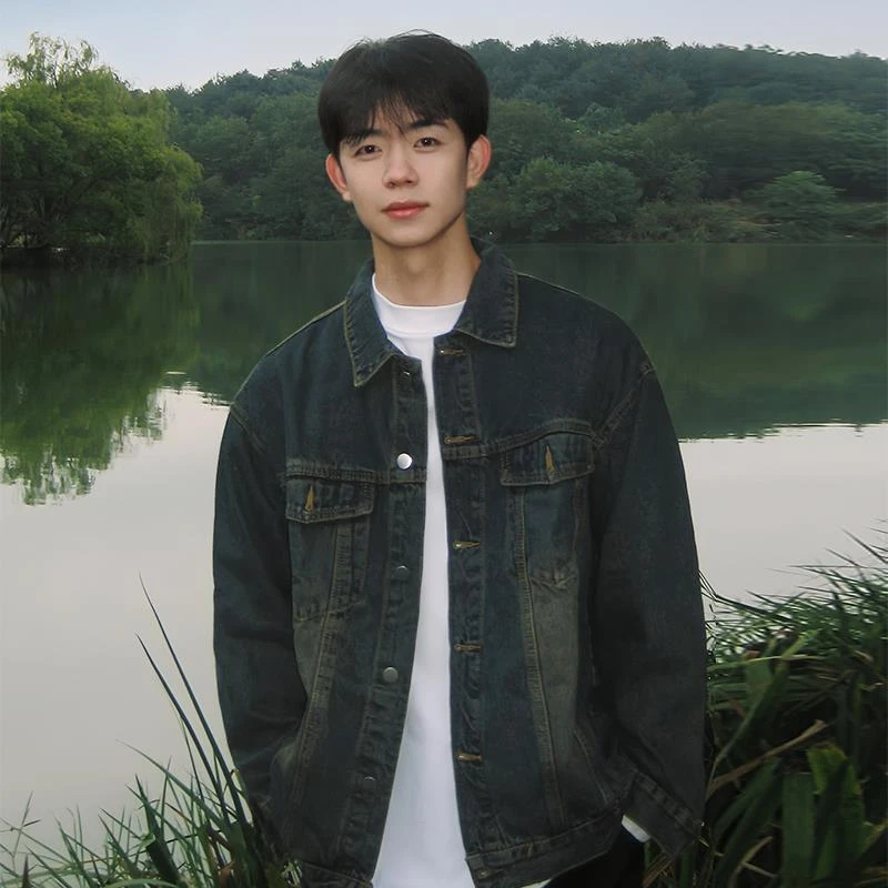 cleanfit美式复古蓝牛仔外套男春秋水洗做旧男生早秋工装夹克上衣