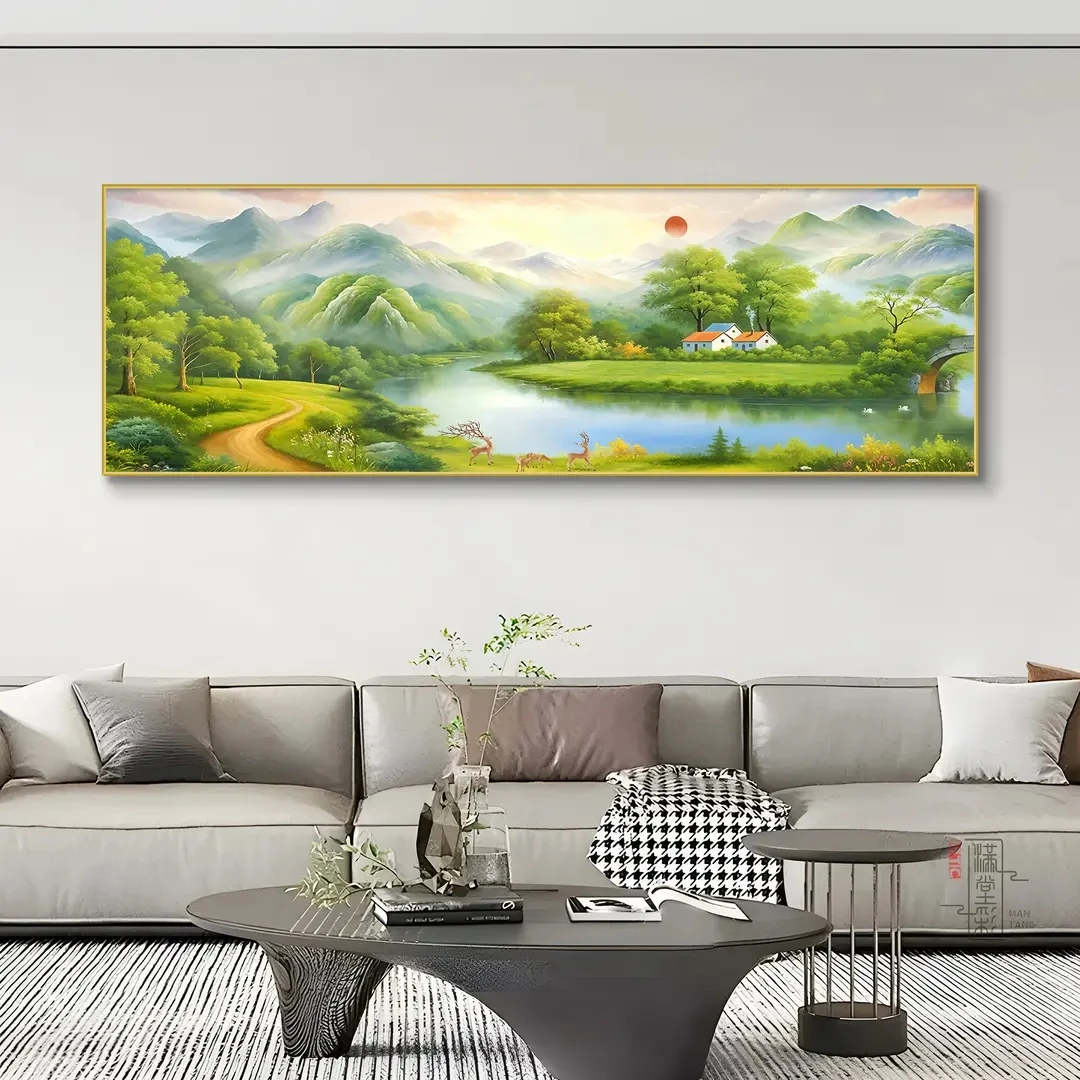 旭日东升福居宝地聚宝盆客厅轻奢高级客聚适合事大号长城装饰画