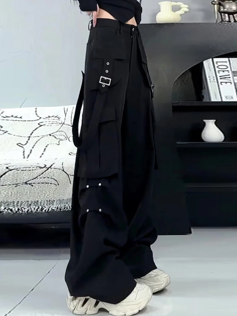 设计感美式高街直筒长裤女2025夏季新款小个子宽松高腰黑色工装裤
