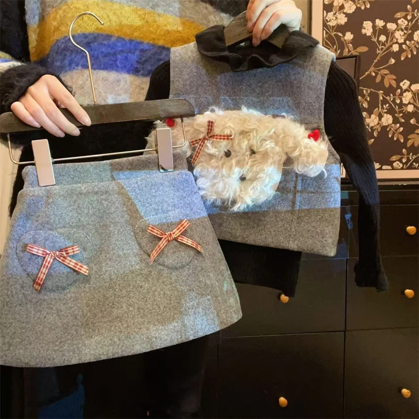 HHkids女童冬套装2024儿童立体小狗毛呢背心毛衣短裙三件套GTZ559