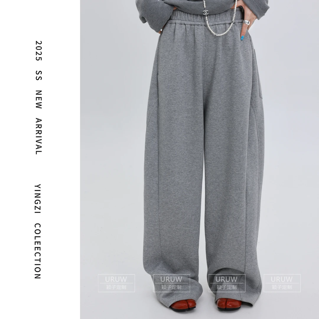 颖子定制【线条画笔】时尚百搭纯色阔腿休闲裤女运动通勤长裤9966