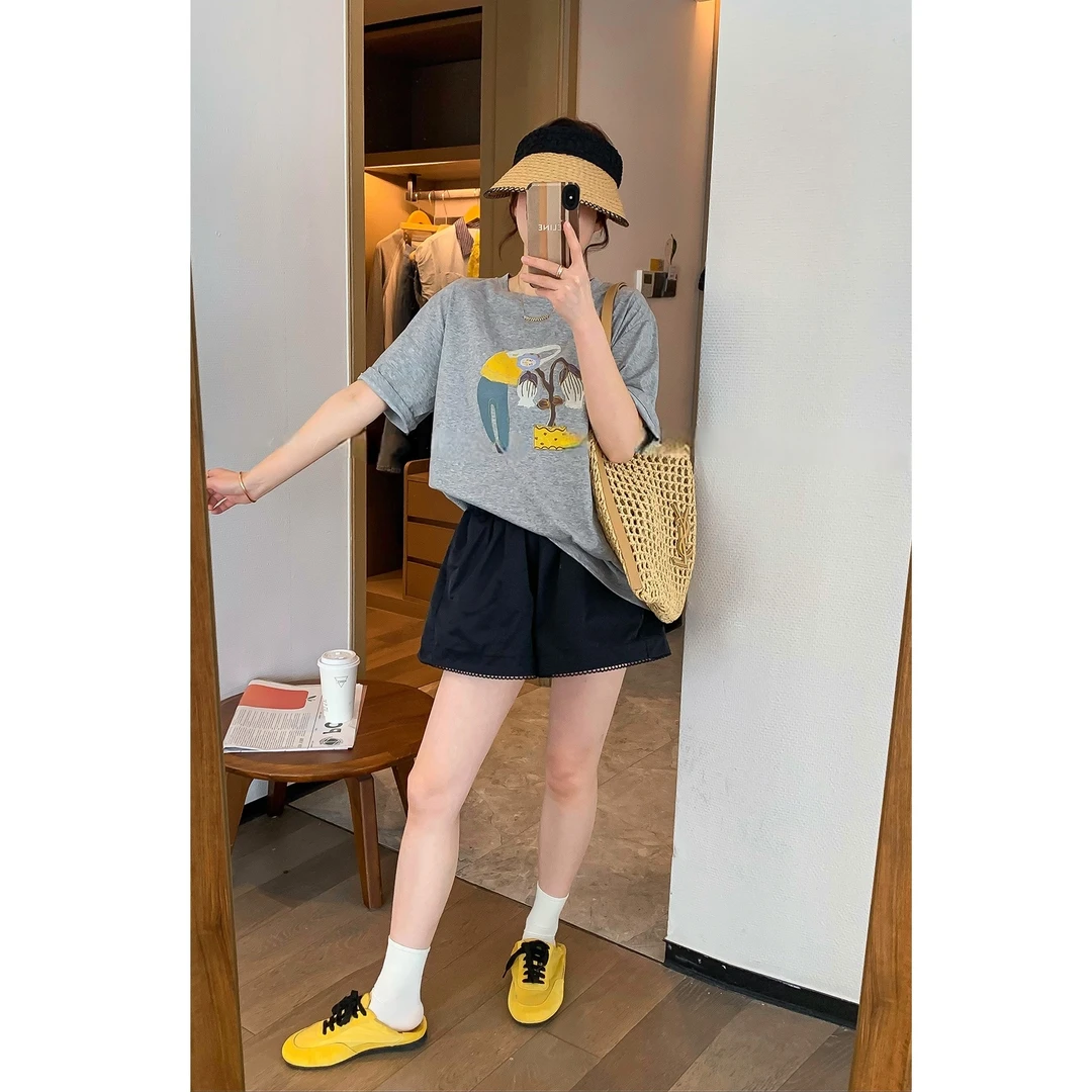 2025夏季新款韩系时尚气质慵懒感千金清冷感贵系宽松灰色印花T恤