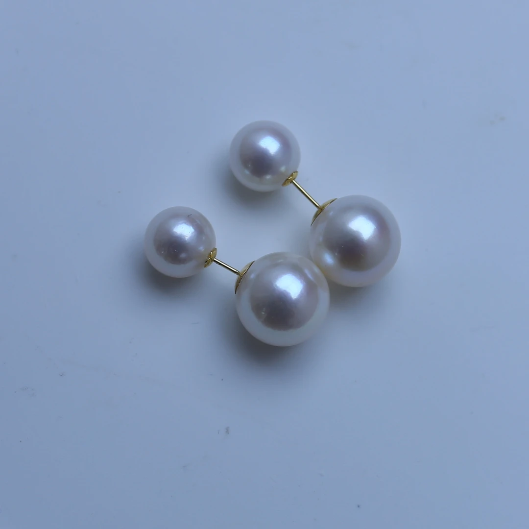 天然珍珠双珠款耳钉14-15mm18K金镶嵌经典气质