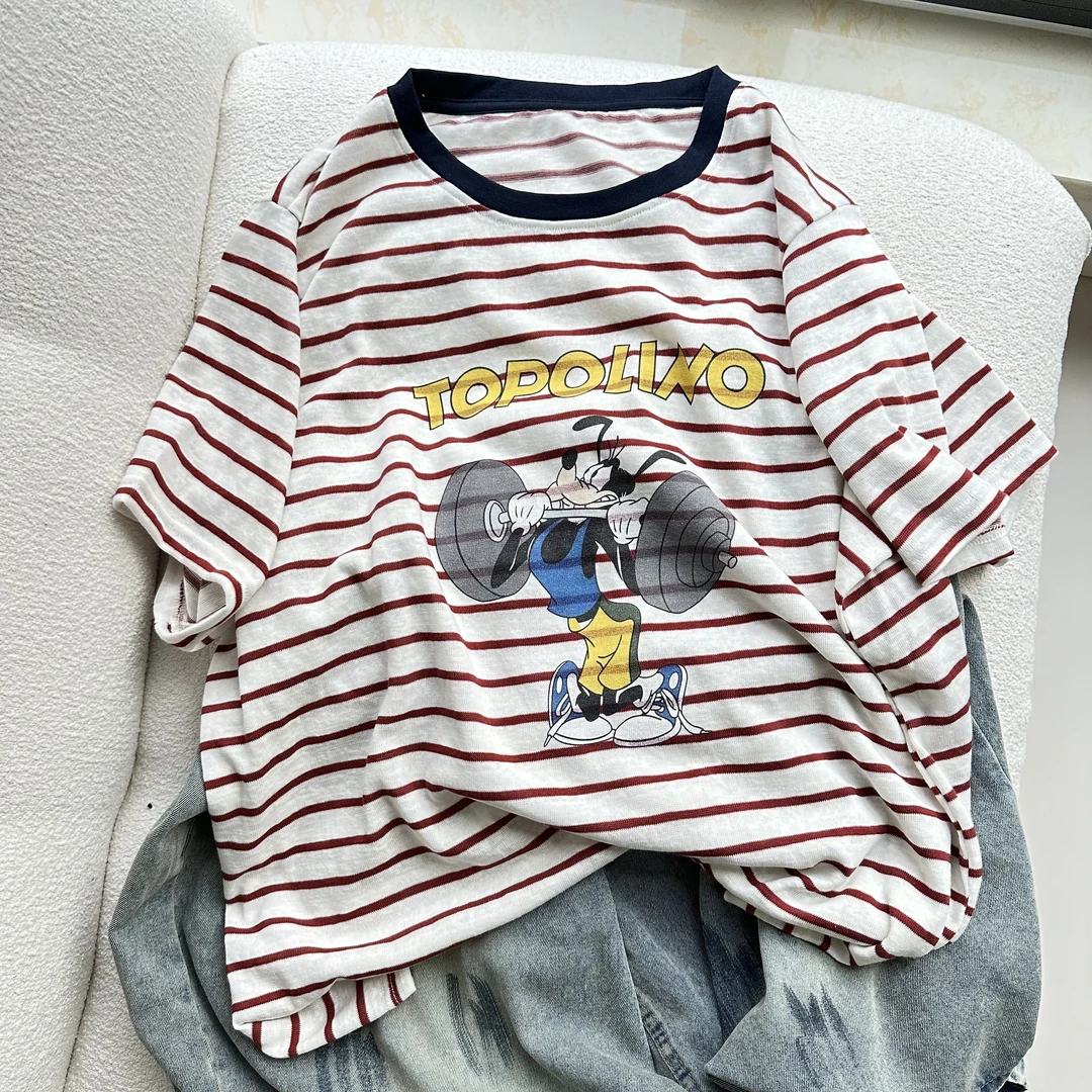 DAJING夏季新款 韩系雪花棉举重狗狗薄撞色领口红条纹短袖T恤女