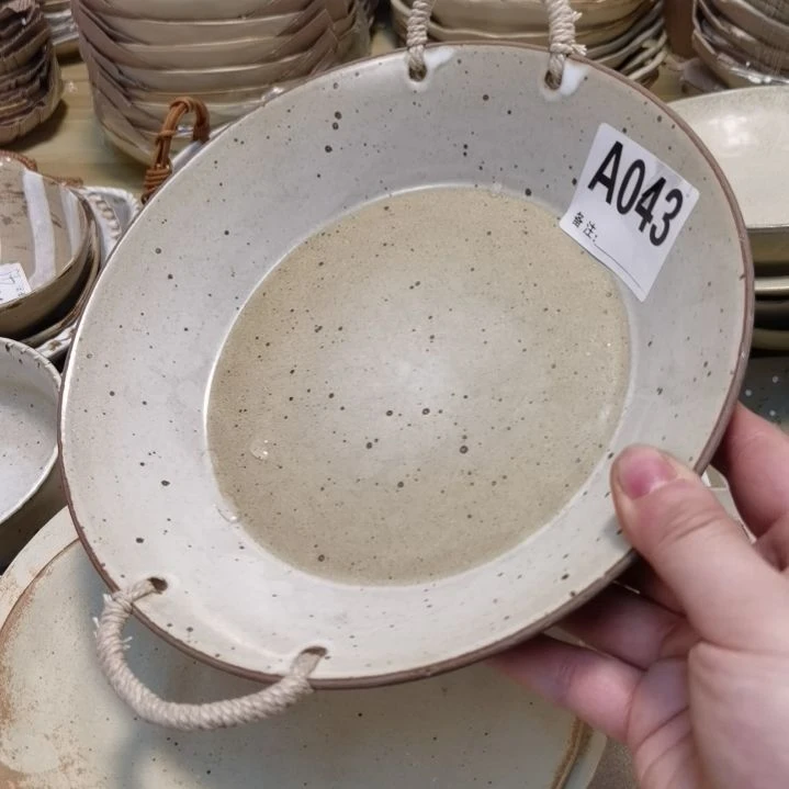 瓷片正品粗陶九寸深盘提绳一个