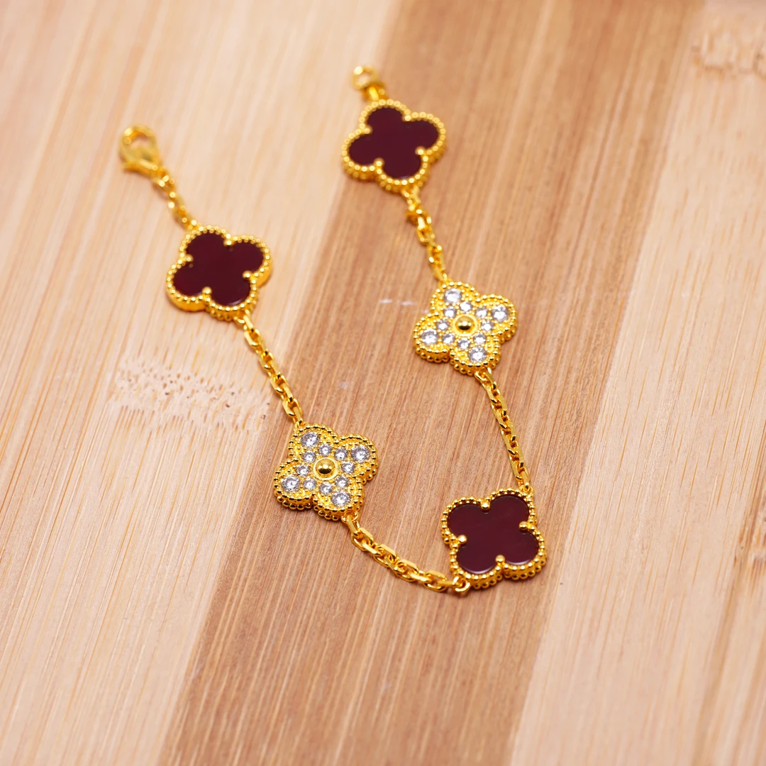 足银合成锆石手链 各色镶嵌四叶草五花手链合集