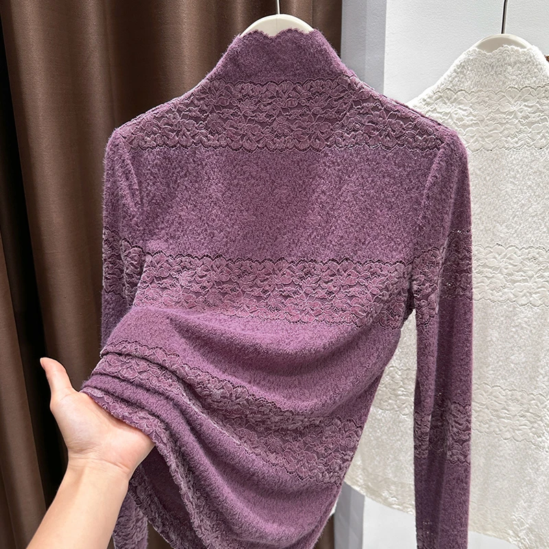 半高领紫色磨毛蕾丝长袖上衣女2025新款秋季氛围感镂空小衫打底衫