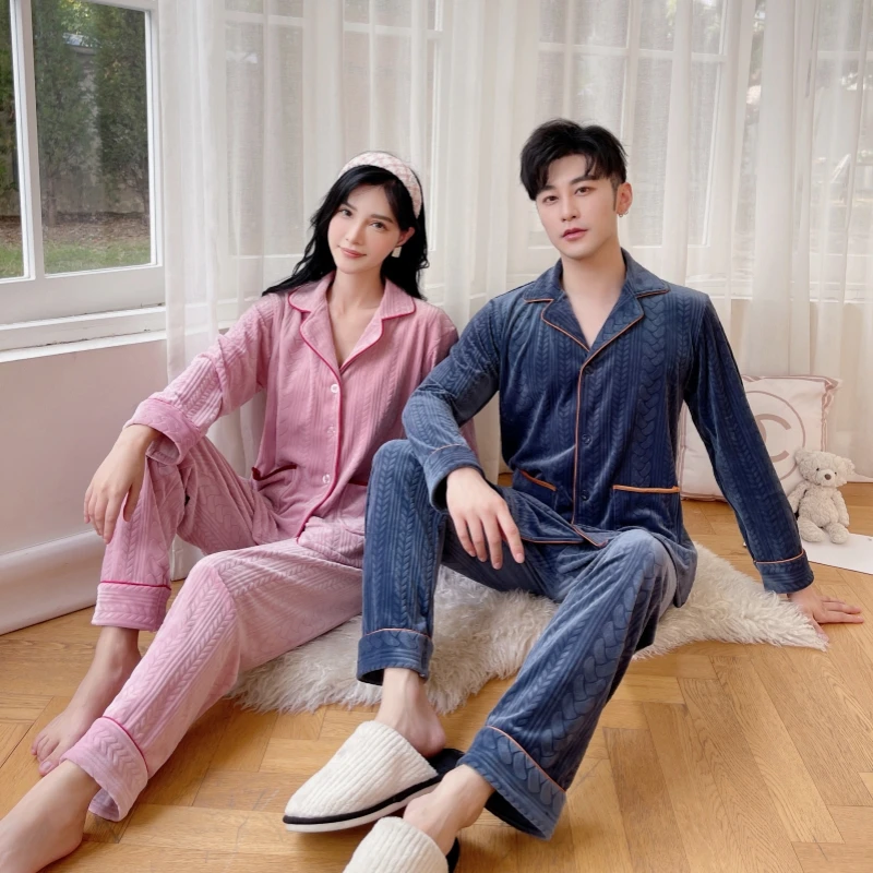 【海岛绒】情侣秋冬长袖宽松居家套装睡衣男双面绒薄绒可外穿家居服