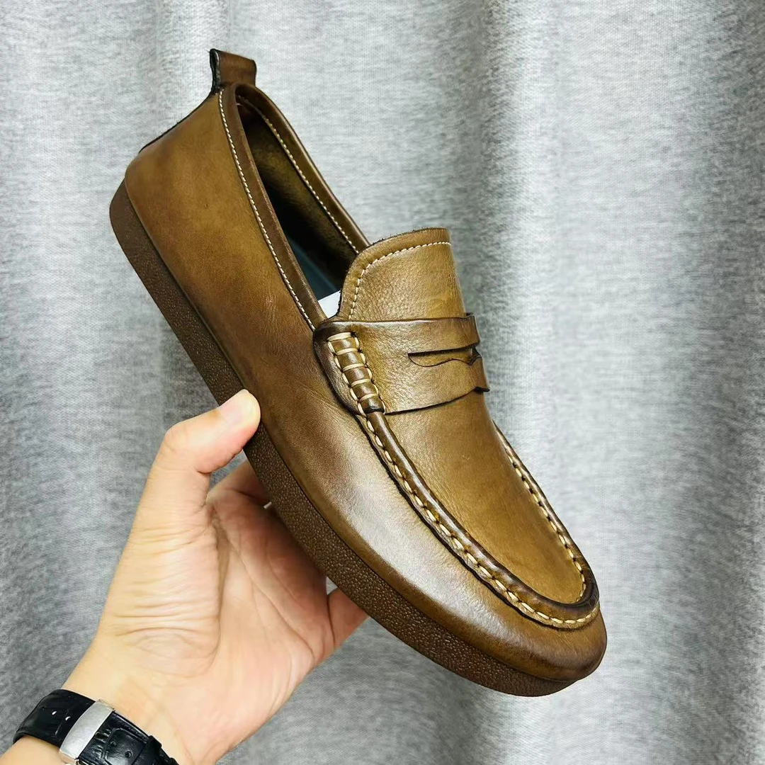 固特异工艺马皮水洗复古做旧乐福鞋豆豆鞋一脚蹬休闲鞋皮鞋