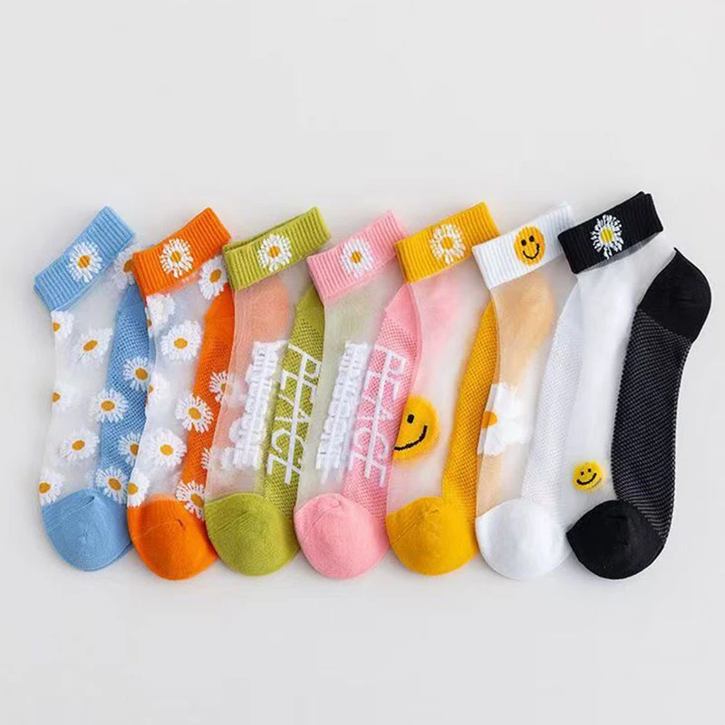 小雏菊袜子女短袜透明水晶袜ins夏季潮流百搭薄款短袜防勾丝彩色