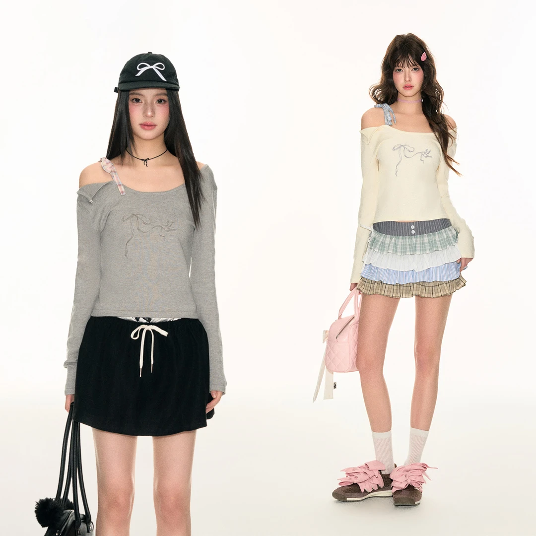 FPMZ【官方】蝴蝶结飞鸟基础logo露肩格子系带打底衫内搭上衣