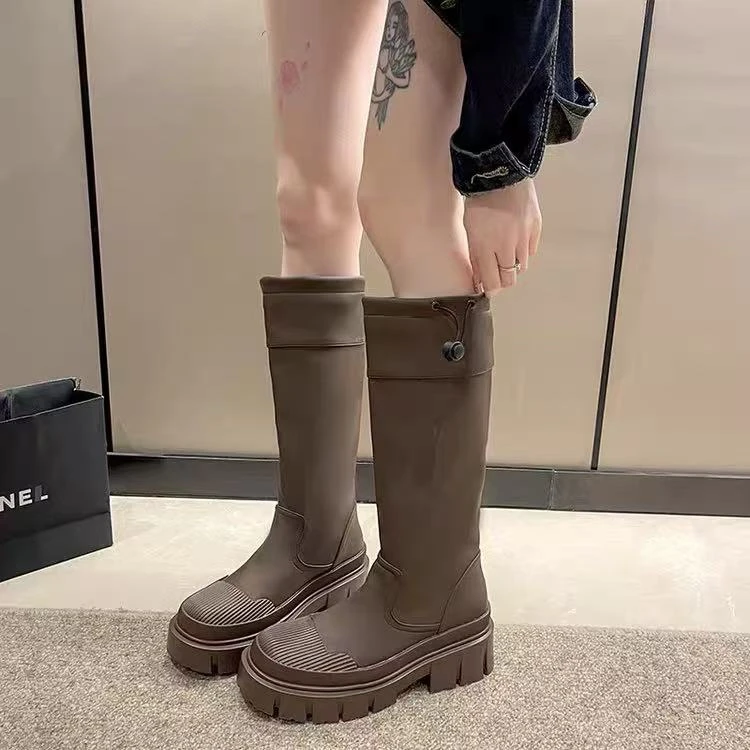 2024工装风厚底粗跟高筒靴套筒贝壳头不过膝长靴09658