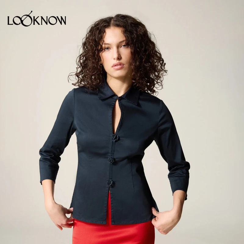 ROUJE设计师品牌LOOKNOW2025年春季新款深蓝色半袖衬衫