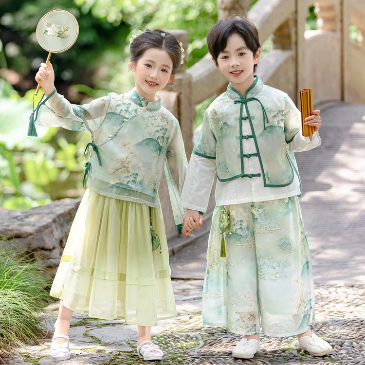 儿童古风唐装汉服春秋新中式男女童幼儿园班服小学中秋国庆表演服