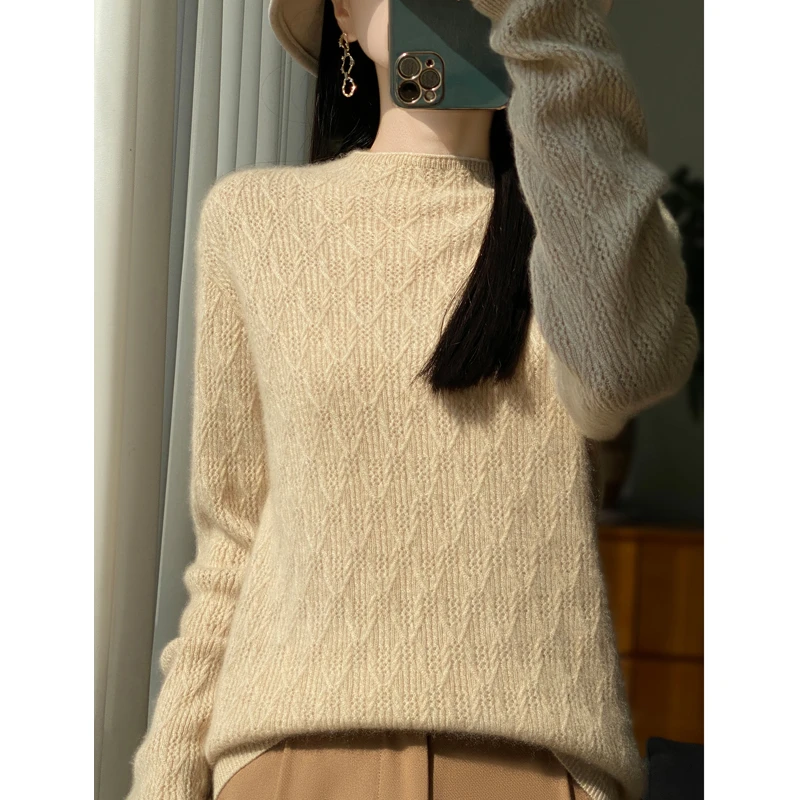 羊毛宽松型修身型纯色针织圆领衫修身宽松长袖秋冬