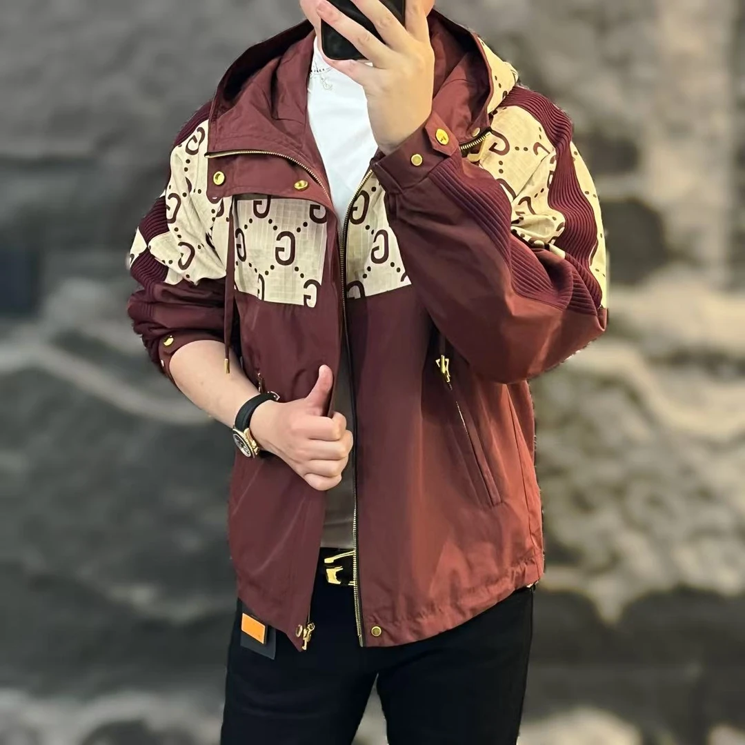 新款高端男士秋冬潮流百搭时尚个性印花连帽休闲夹克外套J25-609