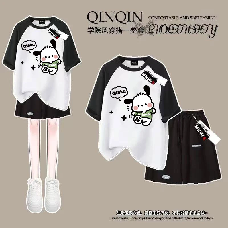帕恰狗女童纯棉短袖短裤套装夏季新款卡通洋气中大童运动裤两件套